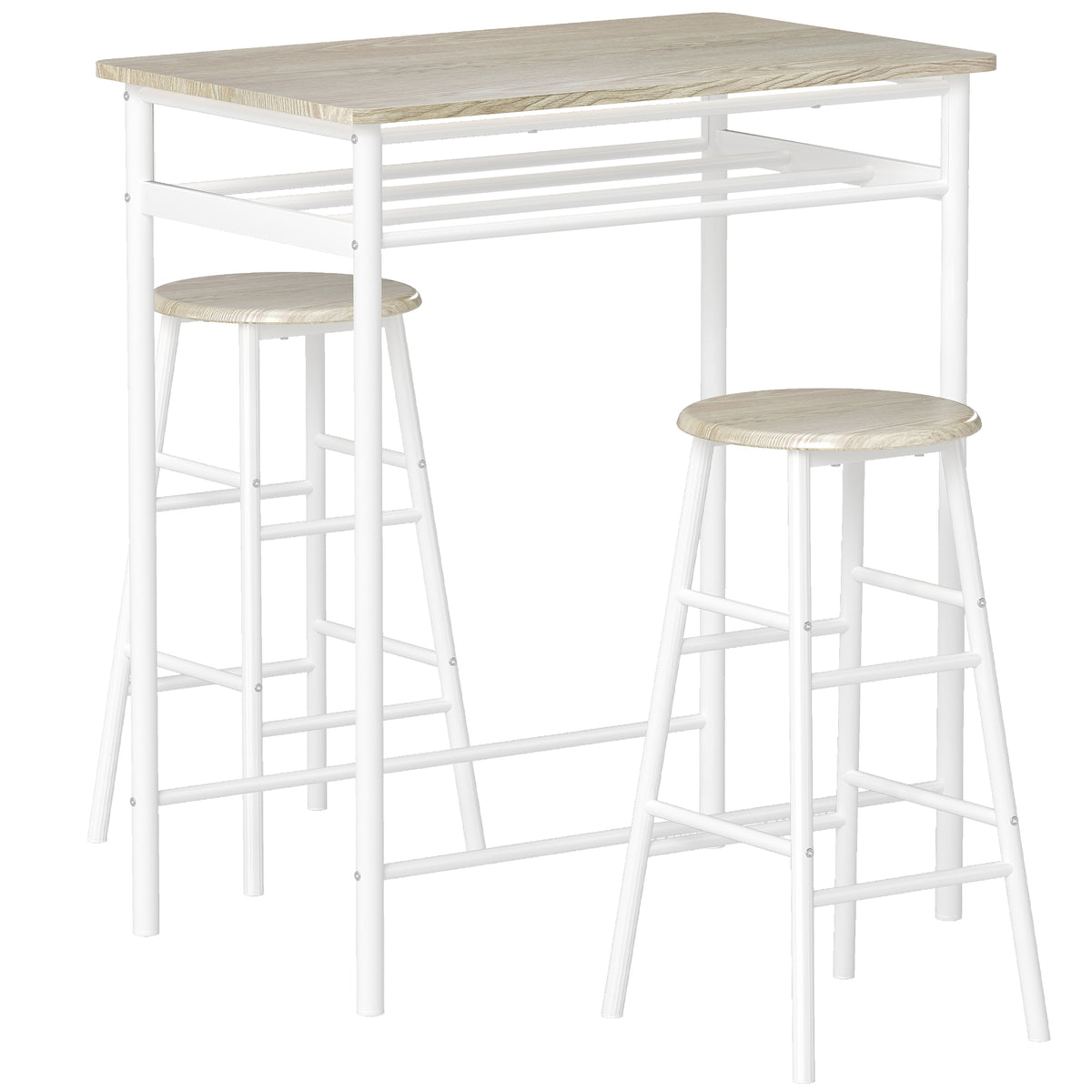 Photo of HOMCOM Bar Table Set, Bar Table and Stools Set, Footrest and Storage Shelf, for Kitchen, Dining Room, Pub, Cafe, White and Oak in Oak colour on a white background