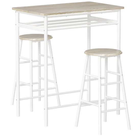 Photo of HOMCOM Bar Table Set, Bar Table and Stools Set, Footrest and Storage Shelf, for Kitchen, Dining Room, Pub, Cafe, White and Oak in Oak colour on a white background