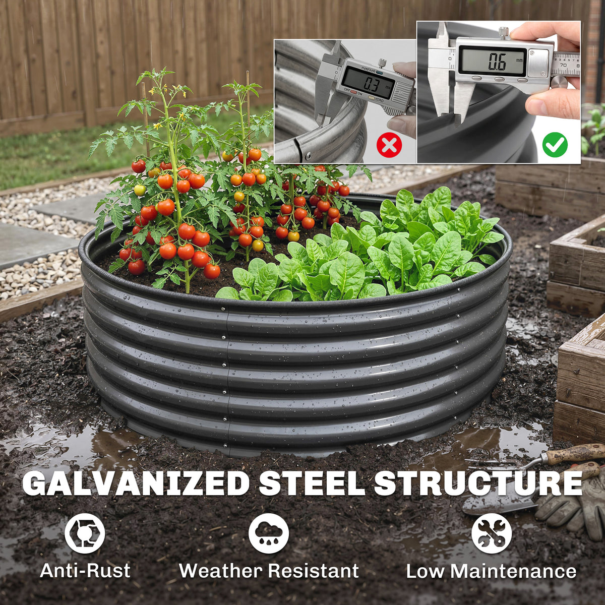 Dark grey galvanized steel garden bed planted with tomatoes and leafy greens