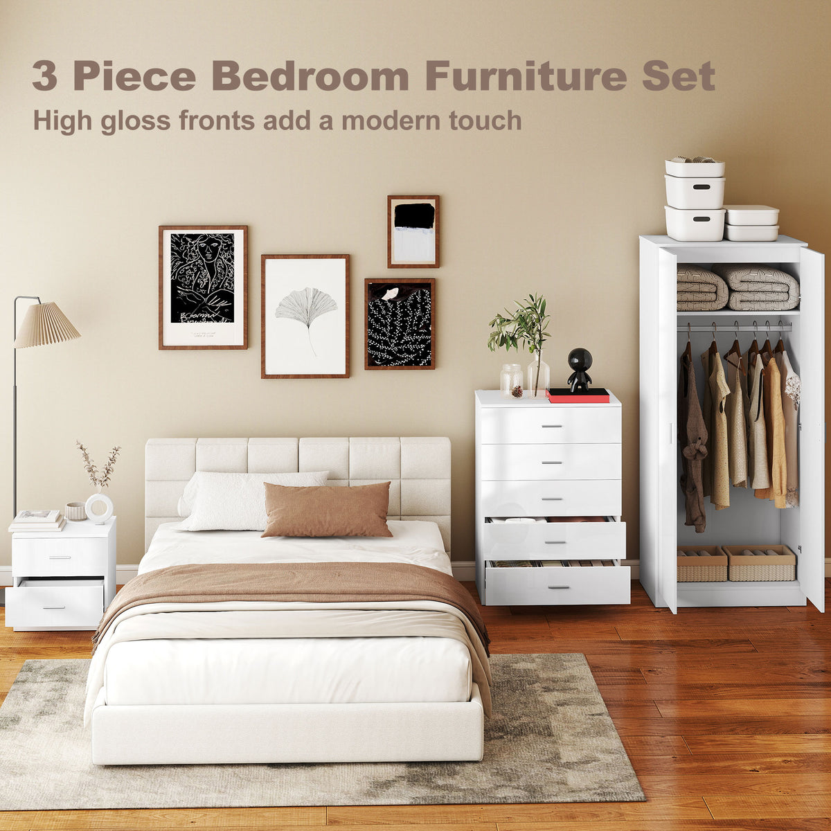 HOMCOM High Gloss 3 Piece Trio Bedroom Furniture Set Wardrobe + Chest Of Drawer + Bedside White