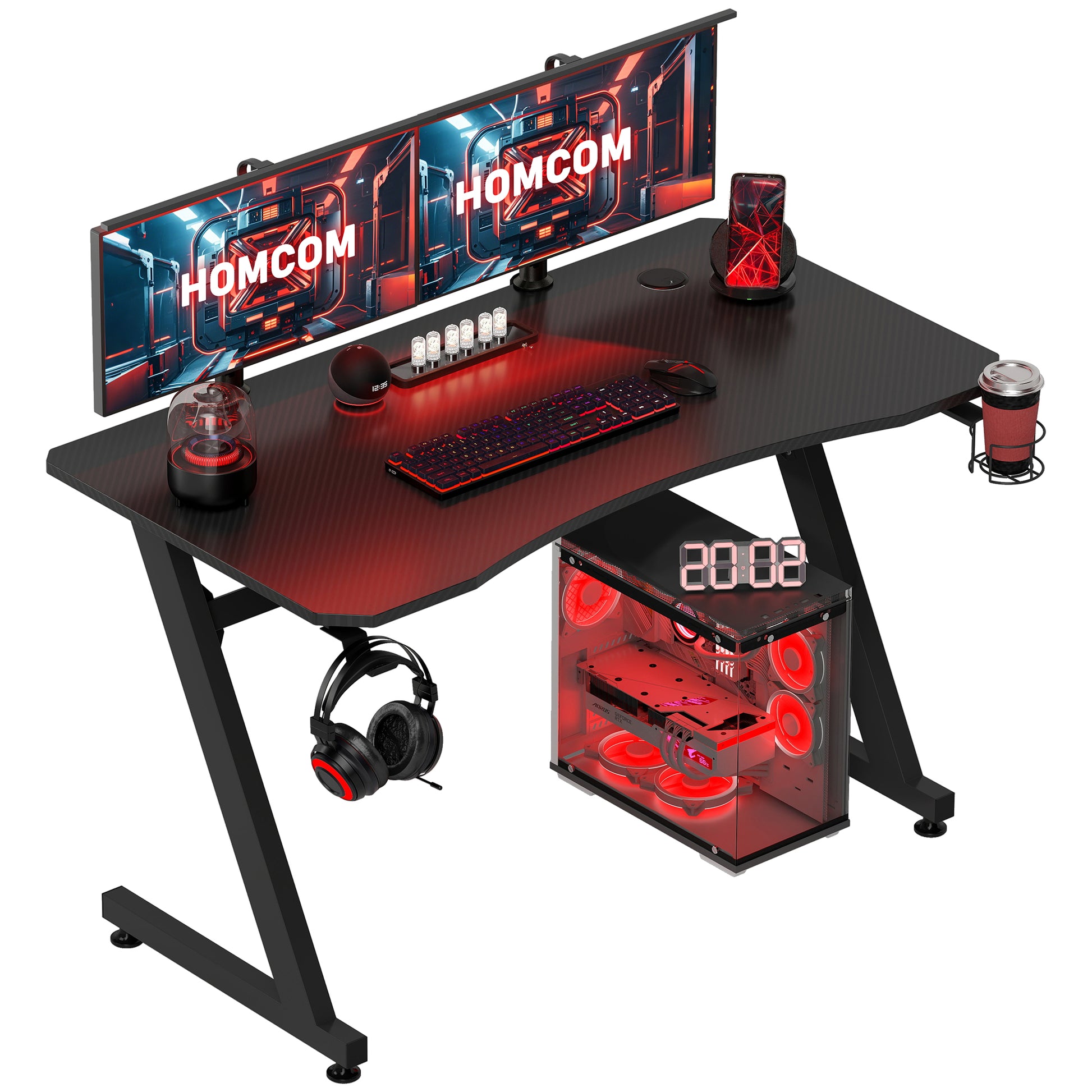 Photo of HOMCOM Gaming Desk 120 x 65 cm Steel Frame with Cup Holder, Headphone Hook, Adjustable Feet and Cable Organiser, Home Office Computer Table, Black in Black colour on a white background