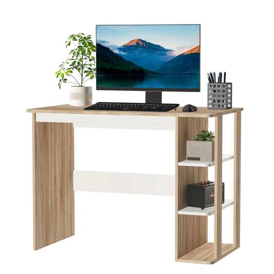 Photo of HOMCOM Computer Desk, Writing Desk with 3-Tier Storage Shelf, Work Table for Home Office, Study, Living Room, Oak and White in White colour on a white background
