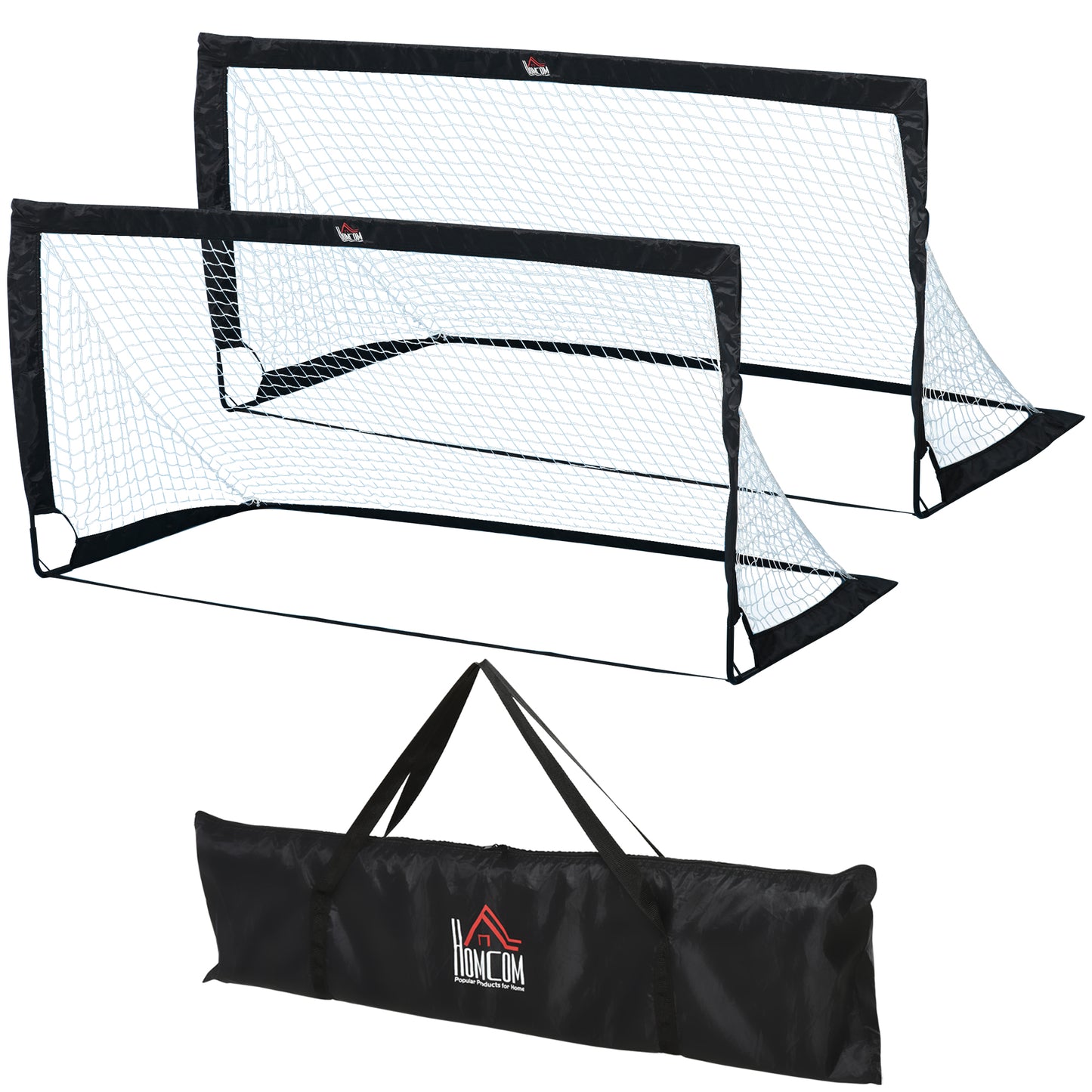 Photo of HOMCOM Set of 2 Football Goal Net 6 x 3 ft Foldable Outdoor Sport Training Teens Adults Football with Carrying Bag Black in Black colour on a white background