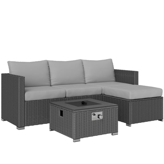 Photo of Outsunny Five Piece Rattan Garden Furniture Set with Gas Fire Pit Table and Footstool - Grey in Grey colour on a white background