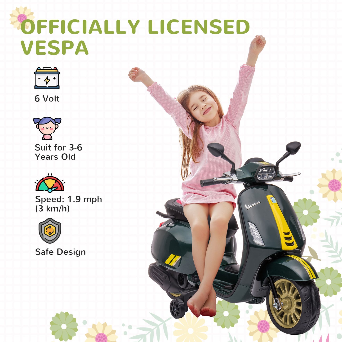 AIYAPLAY 12V Vespa Licensed Kids Electric Motorbike w/ Music, Lights, FM Radio, for 3-6 Years - Green