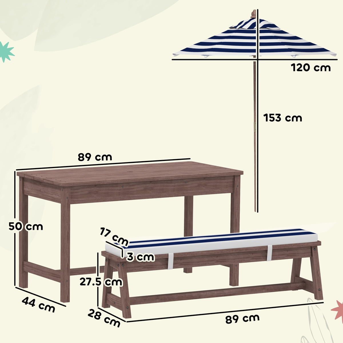 AIYAPLAY wooden kids picnic table and bench with dimensions and striped umbrella
