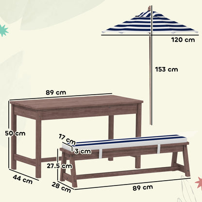 AIYAPLAY wooden kids picnic table and bench with dimensions and striped umbrella