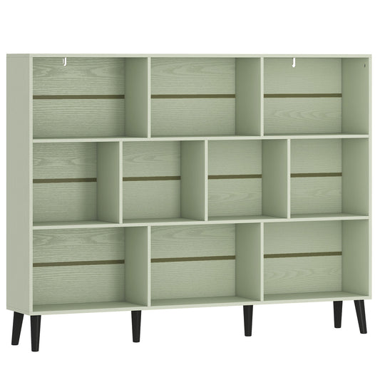 Photo of HOMCOM 10-Cube Bookcase, 3-Tier Book Shelf with Solid Wood Legs, 140 cm Modern Bookshelf with Anti-Tip Kit, Light Green in Green colour on a white background