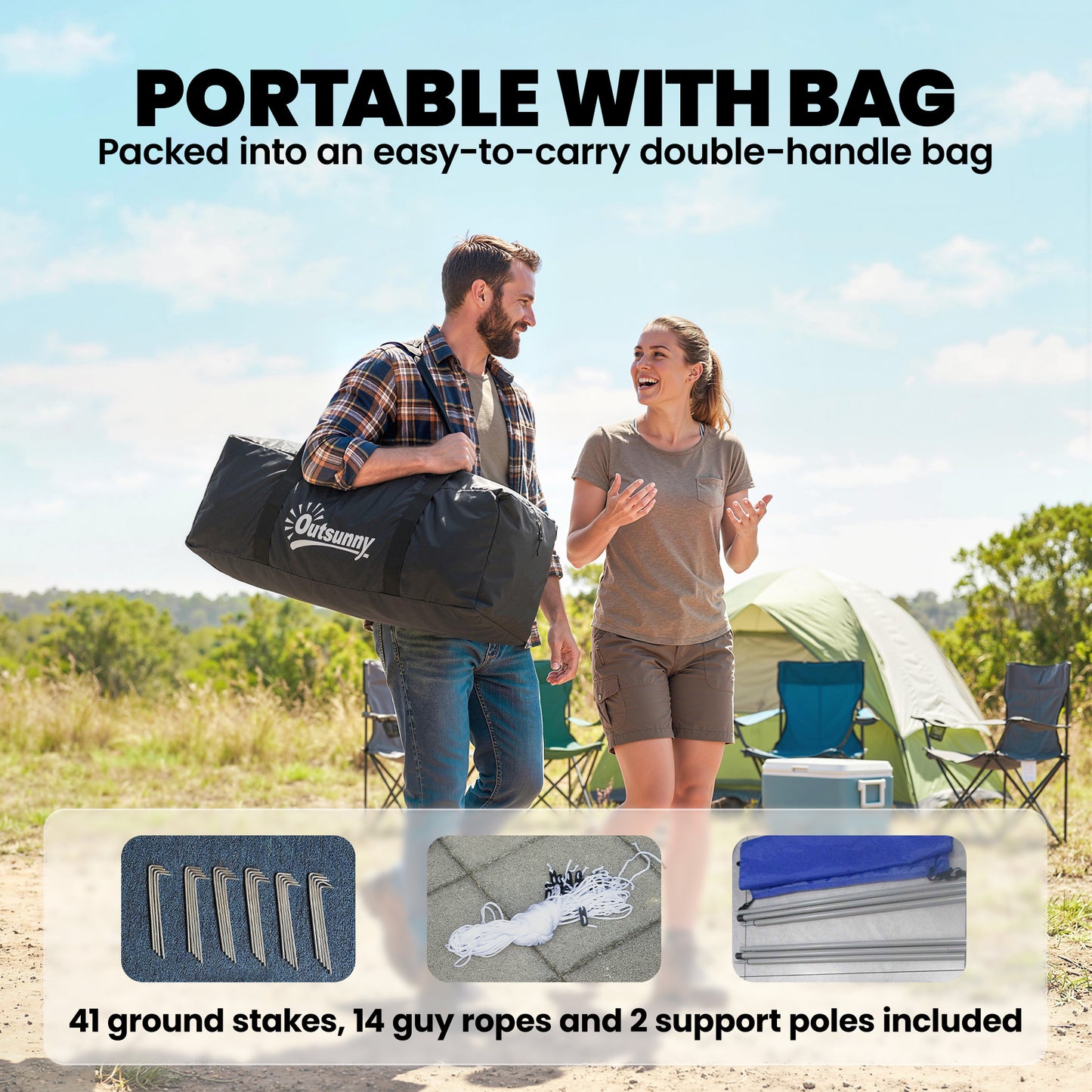 Outsunny 6-9 Man Large Tunnel Tent with 3 Bedrooms, Living Area and Porch, Light Grey