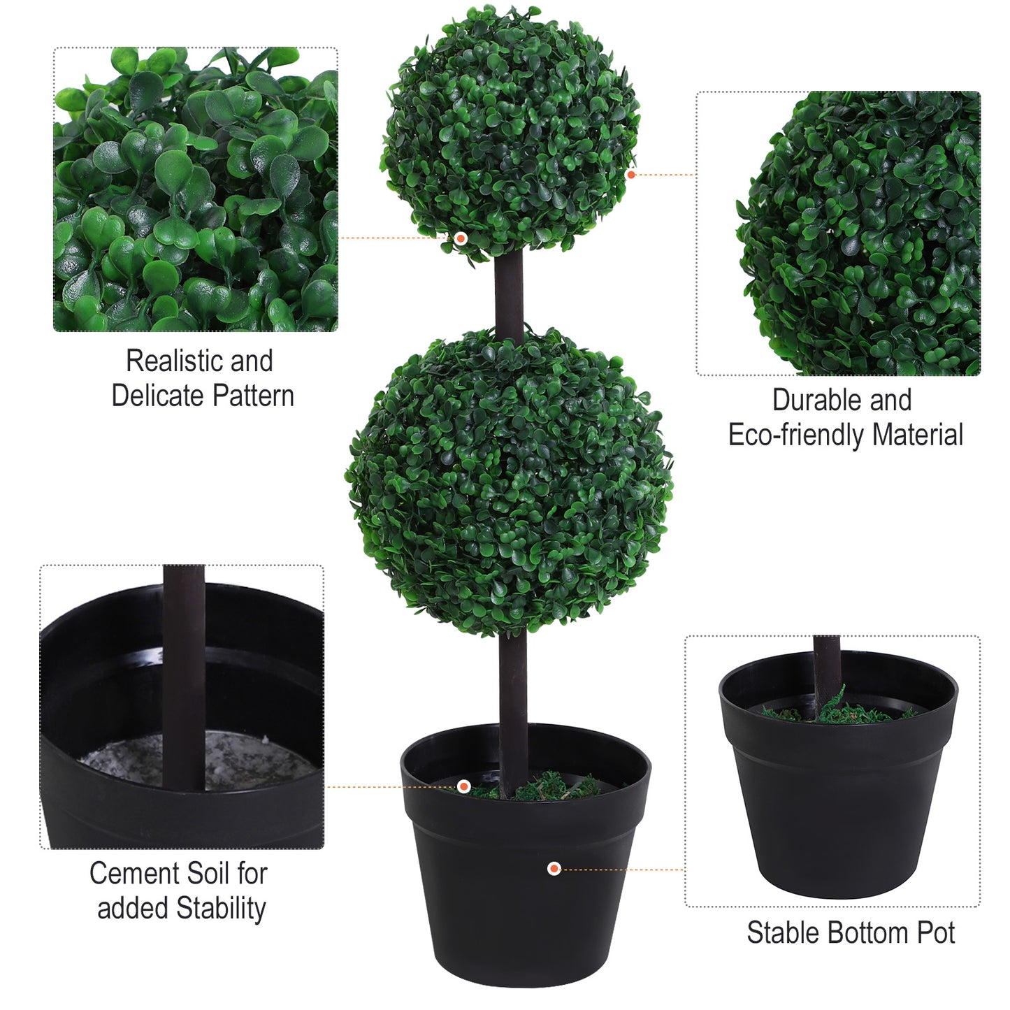 Outsunny Set of 2 Artificial Boxwood Ball Topiary Trees Potted Decorative Plant Indoor Décor (67cm)