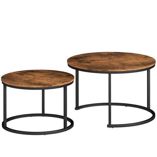 Photo of HOMCOM Coffee Table Set of 2, Round Nest of Tables with Metal Frame, Modern Side Tables for Living Room, Rustic Brown in Brown colour on a white background