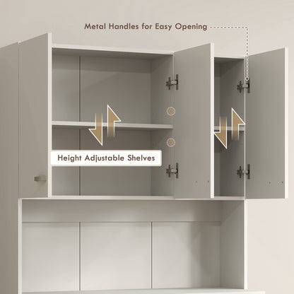 White pantry cabinet interior with open doors and height-adjustable shelves