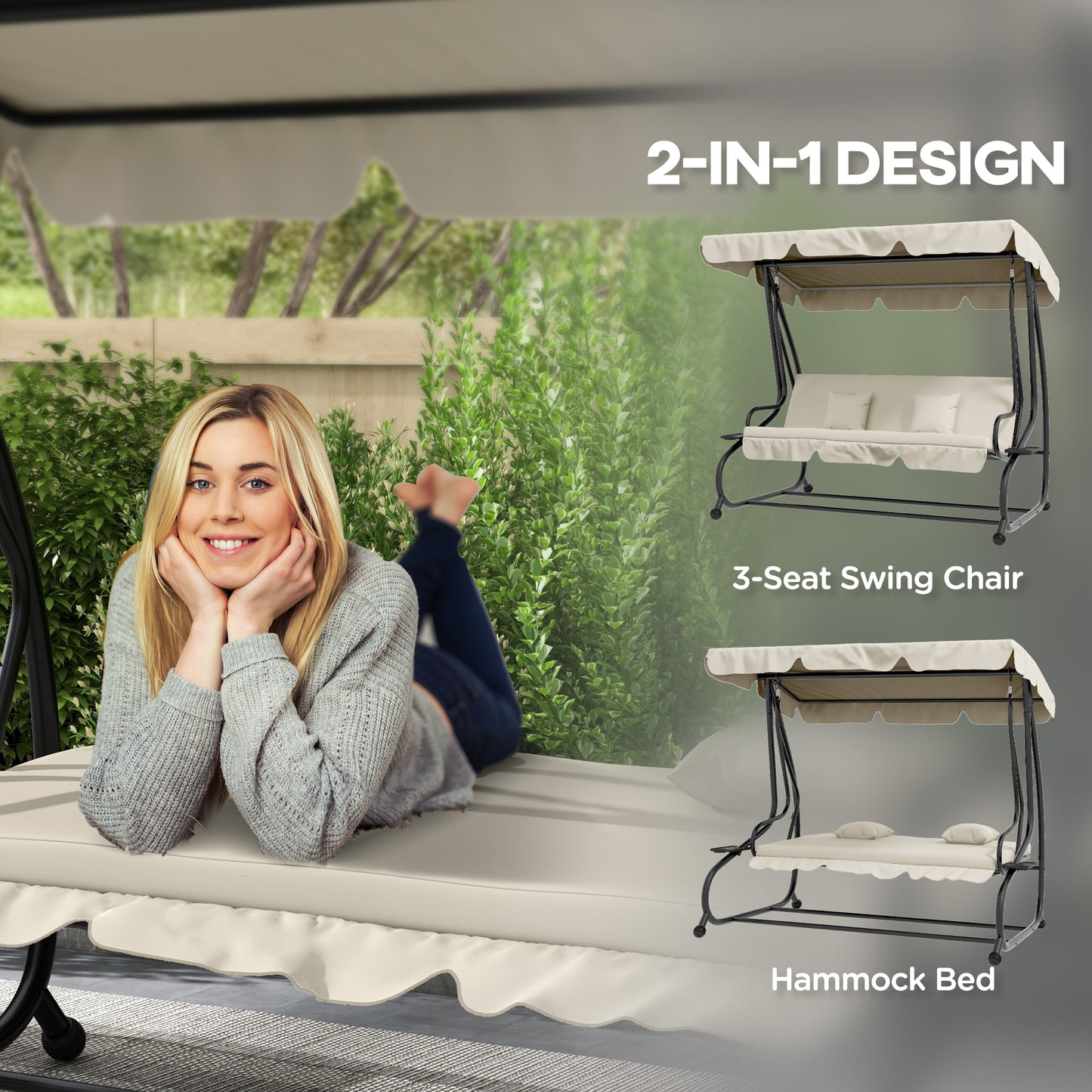 Outsunny Three-Person garden Swing Chair, with Adjustable Canopy - Cream