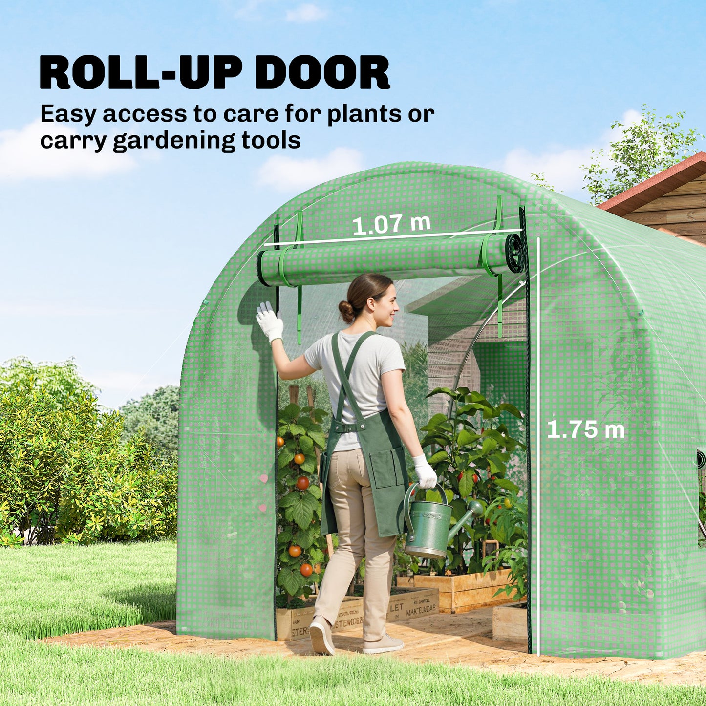 Outsunny Walk-In Garden Polytunnel Greenhouse with Steel Frame, PE Cover, Roll-Up Door and 4 Windows, 2.5 x 2m, Green