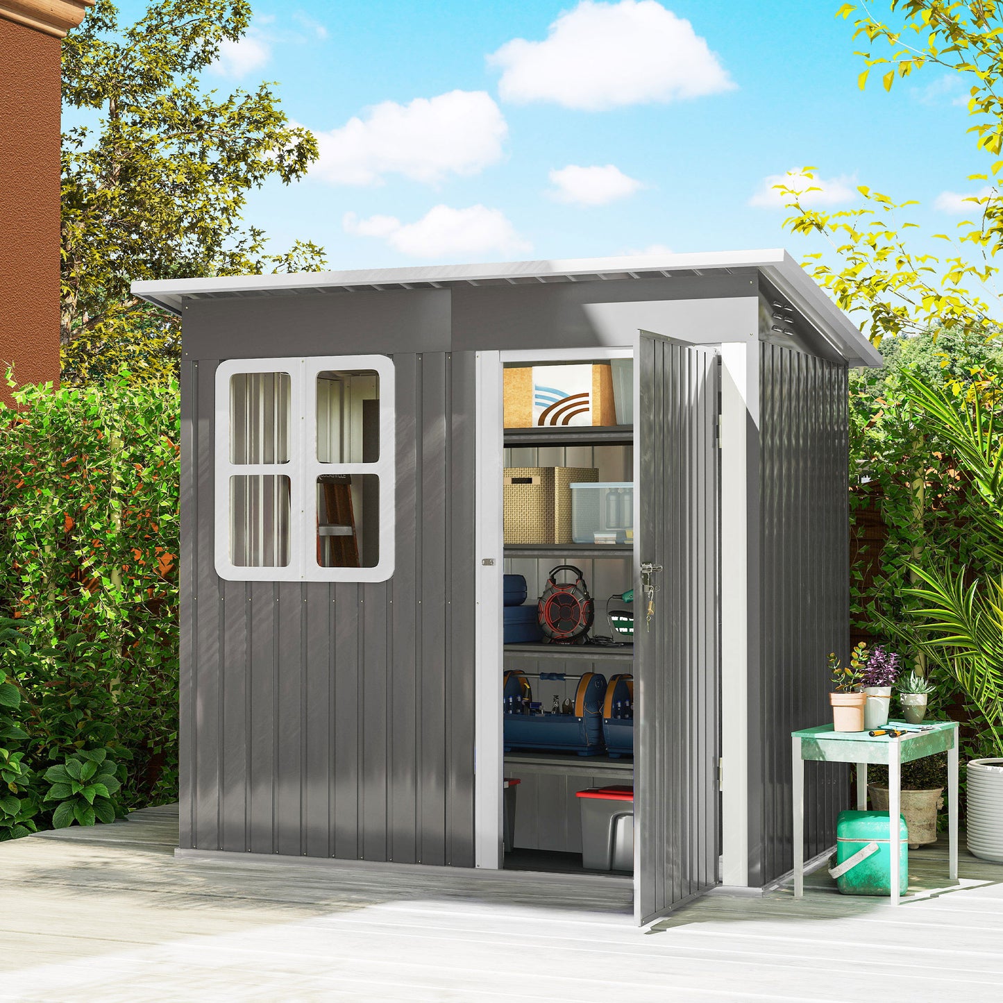 Outsunny 7 x 4ft Eco-friendly Galvanised Steel Garden Shed, with Lock and Gloves, 40kg/㎡ Snow Capacity - Grey
