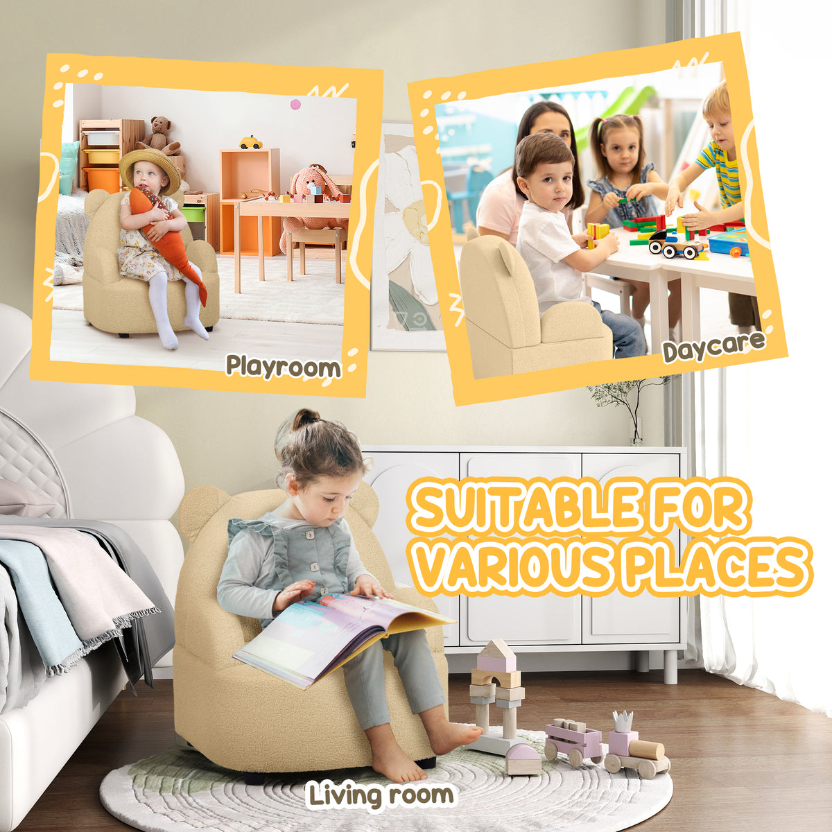 Khaki bear-shaped toddler armchair used by a child reading in a living room