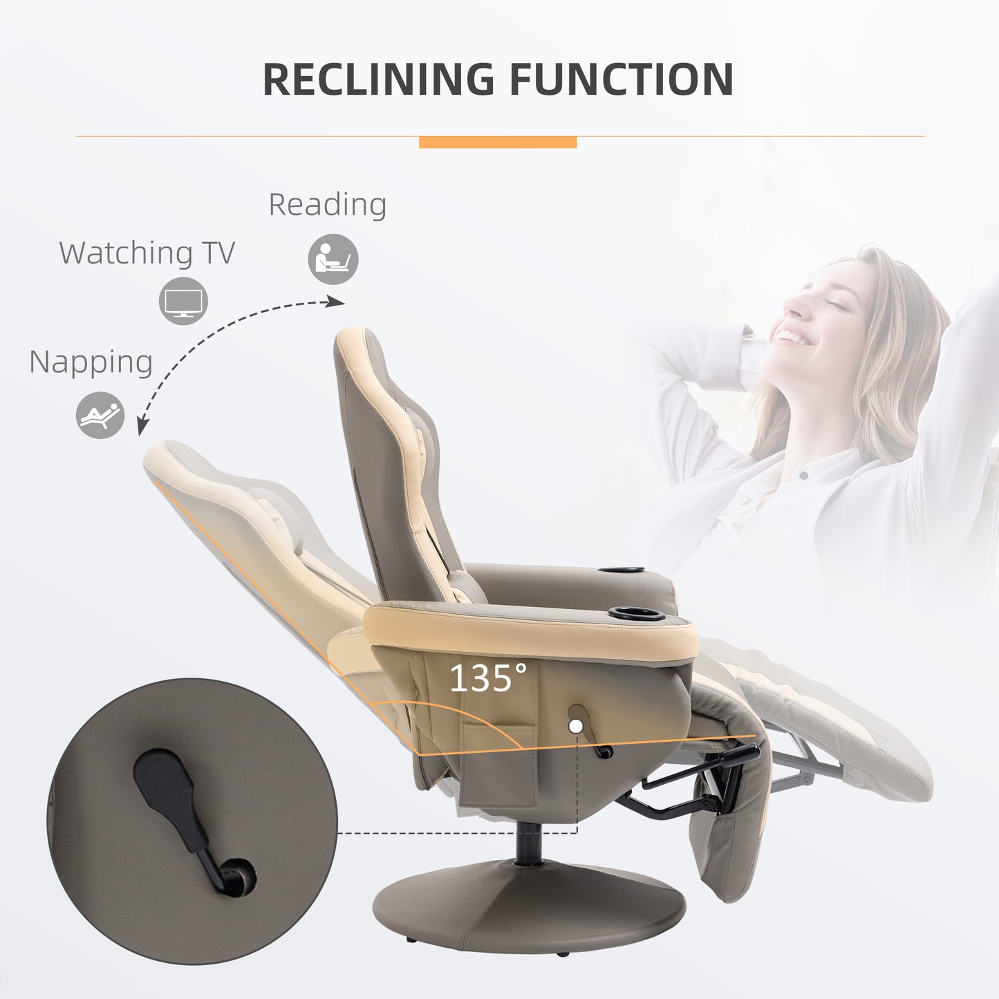 HOMCOM Manual Recliner Armchair PU Leather Lounge Chair w/ Adjustable Leg Rest, 135° Reclining Function, Grey
