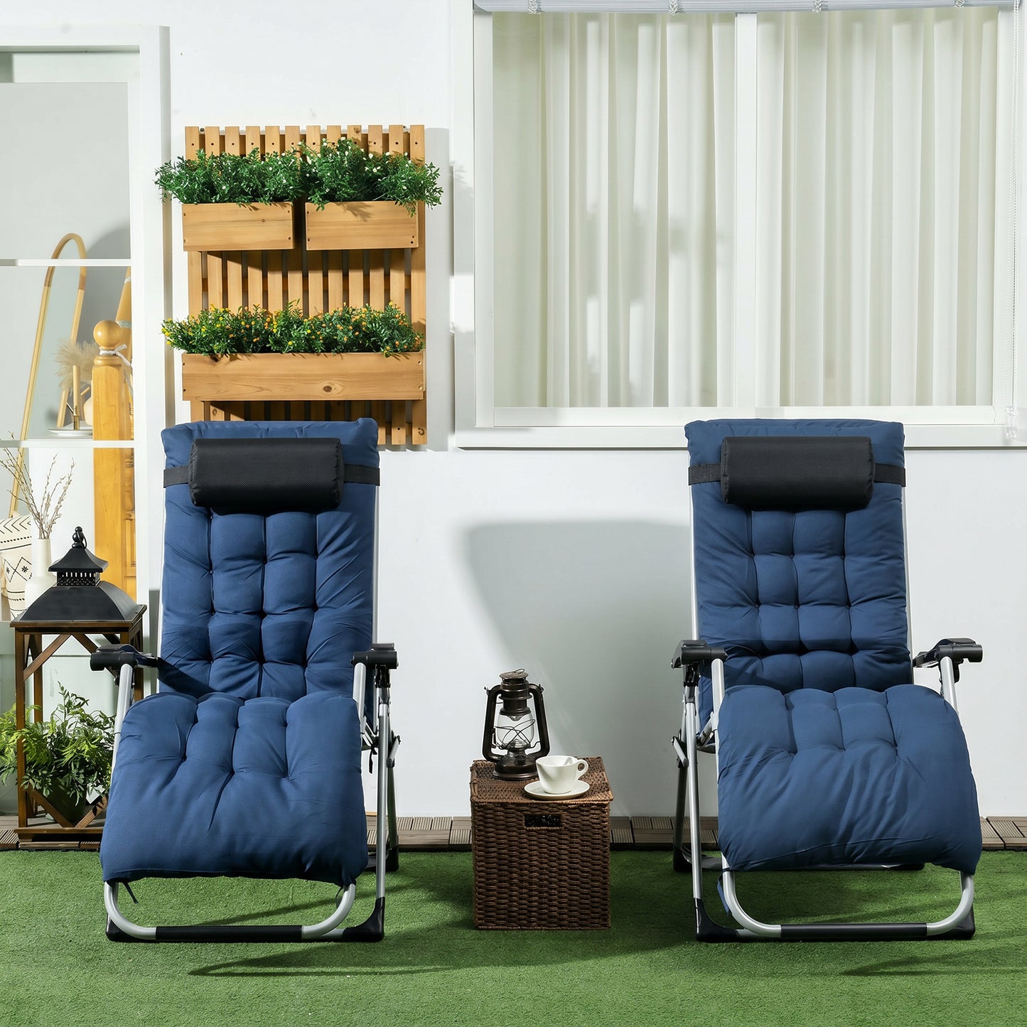 Outsunny 2pc Reclining Zero Gravity Sun Loungers ,Folding Chaise Lounge Chair with Cushions, Blue