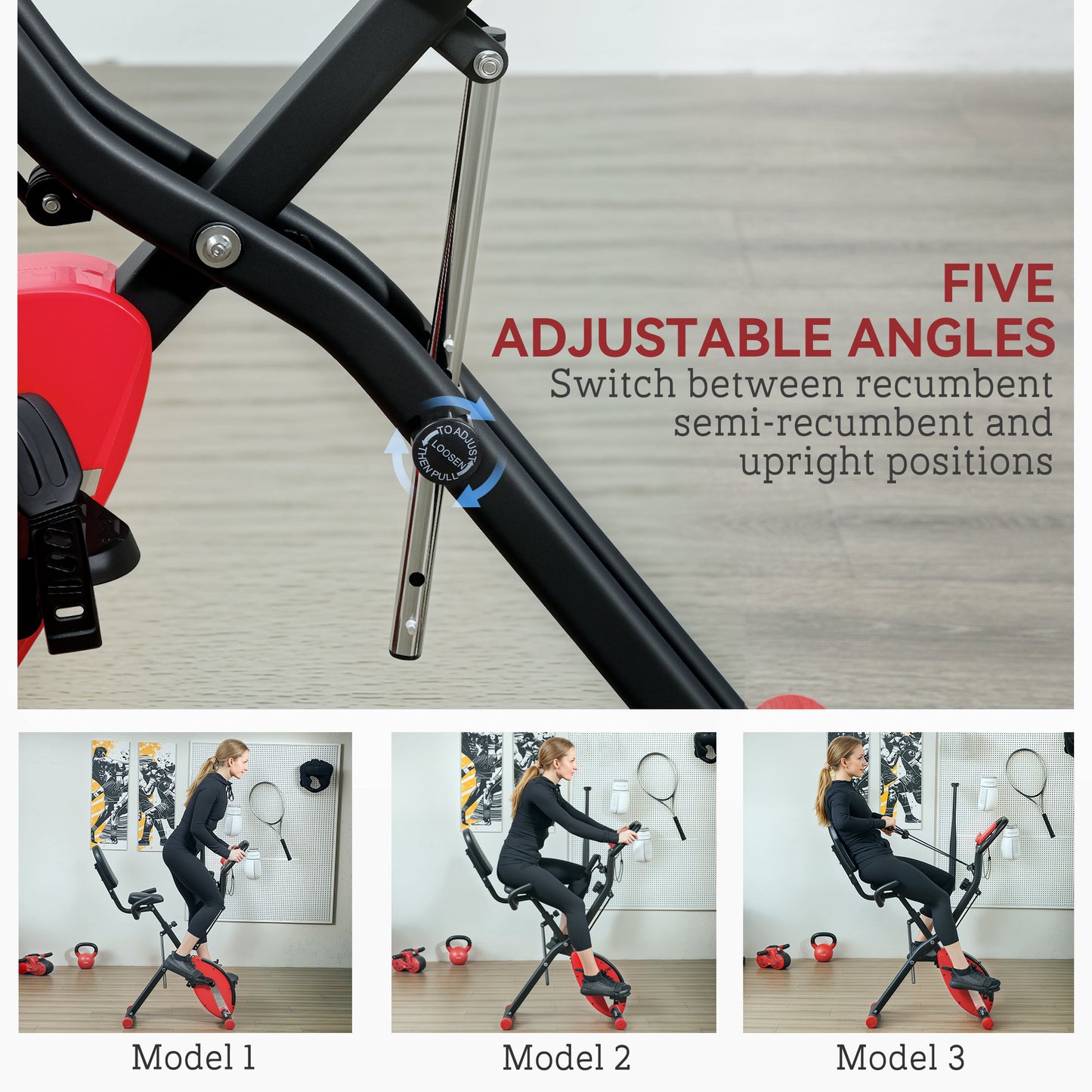 SPORTNOW Five-in-one Foldable Exercise Bike, Stationary Bike with Arm Workout Bands, LDC Monitor, Phone Holder, Red