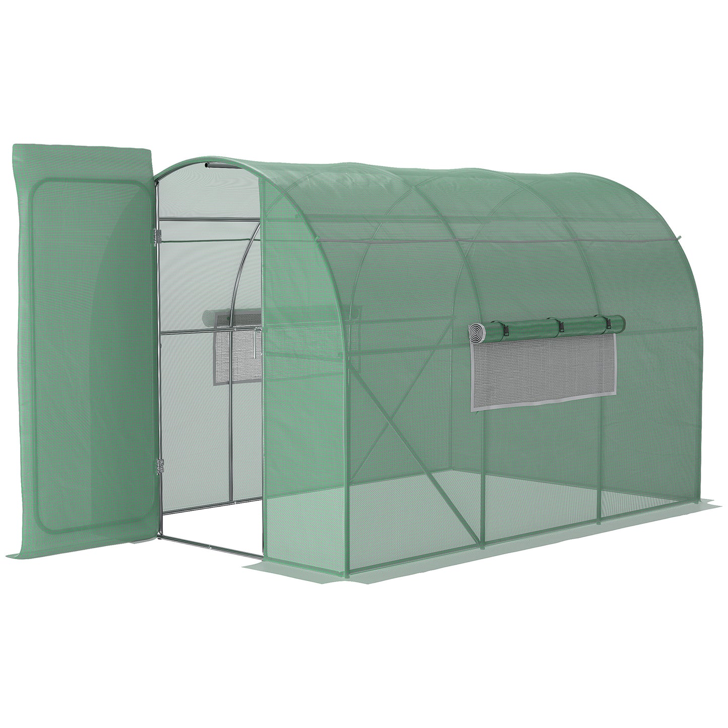 Photo of Outsunny Large Polytunnel Walk In Greenhouse, Plant Gardening Tunnel Green House with Metal Hinged Door, Galvanised Steel Frame & Mesh Windows, Green (3 x 2 m) in m) colour on a white background