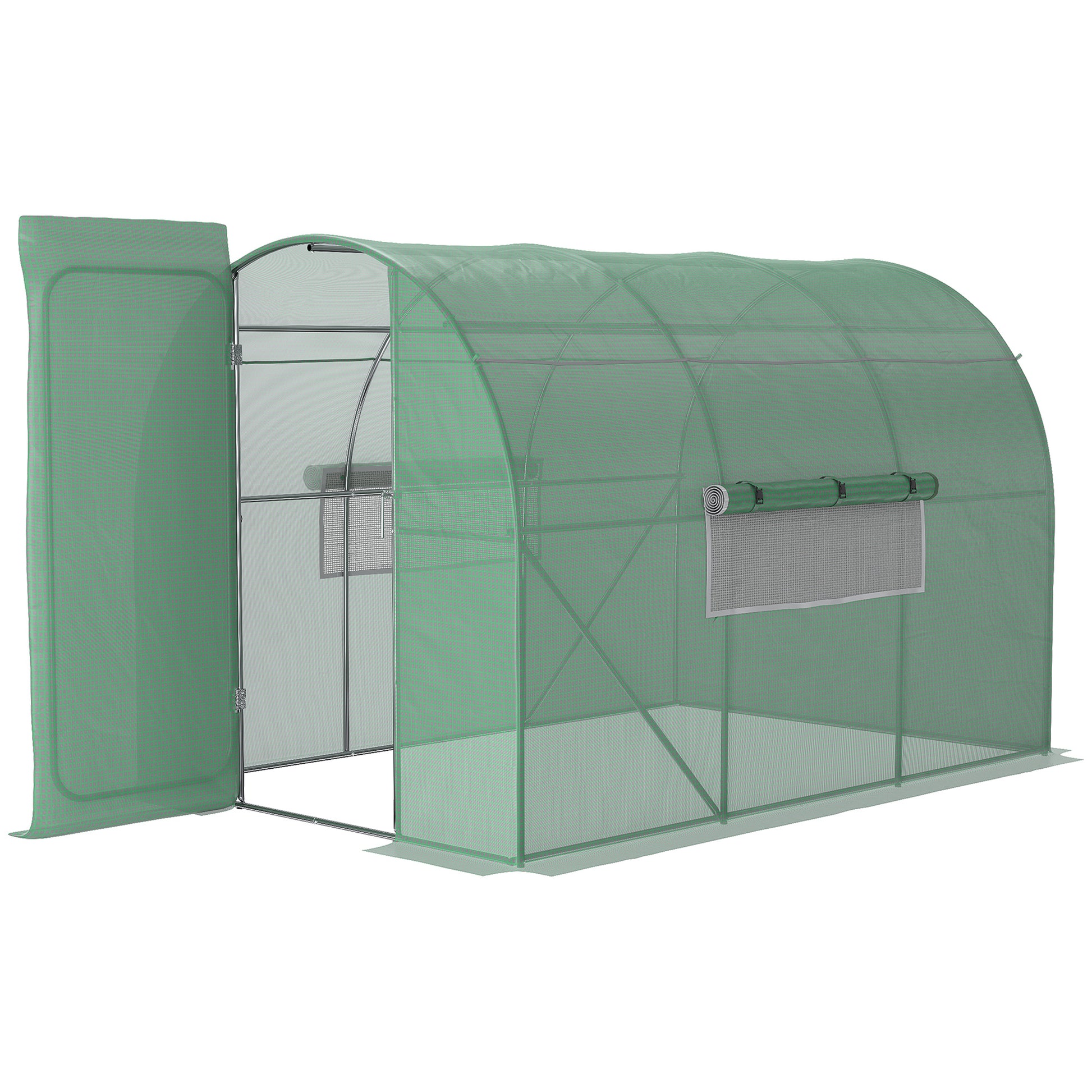 Photo of Outsunny Large Polytunnel Walk In Greenhouse, Plant Gardening Tunnel Green House with Metal Hinged Door, Galvanised Steel Frame & Mesh Windows, Green (3 x 2 m) in m) colour on a white background