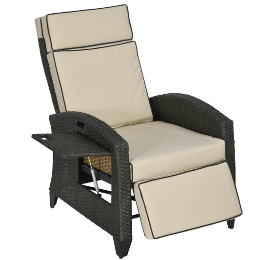 Photo of Outsunny Outdoor Recliner Chair with Adjustable Backrest and Footrest, Cushion, Side Tray, Khaki/Brown in Khaki/Brown colour on a white background
