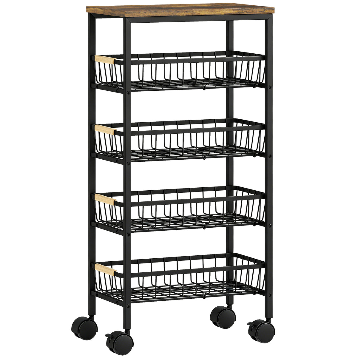 Photo of HOMCOM Metal Kitchen Trolley, 4-Tier Storage Trolley with Pull-Out Baskets and 4 Swivel Casters for Kitchen, Rustic Brown in Brown colour on a white background