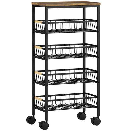 Photo of HOMCOM Metal Kitchen Trolley, 4-Tier Storage Trolley with Pull-Out Baskets and 4 Swivel Casters for Kitchen, Rustic Brown in Brown colour on a white background