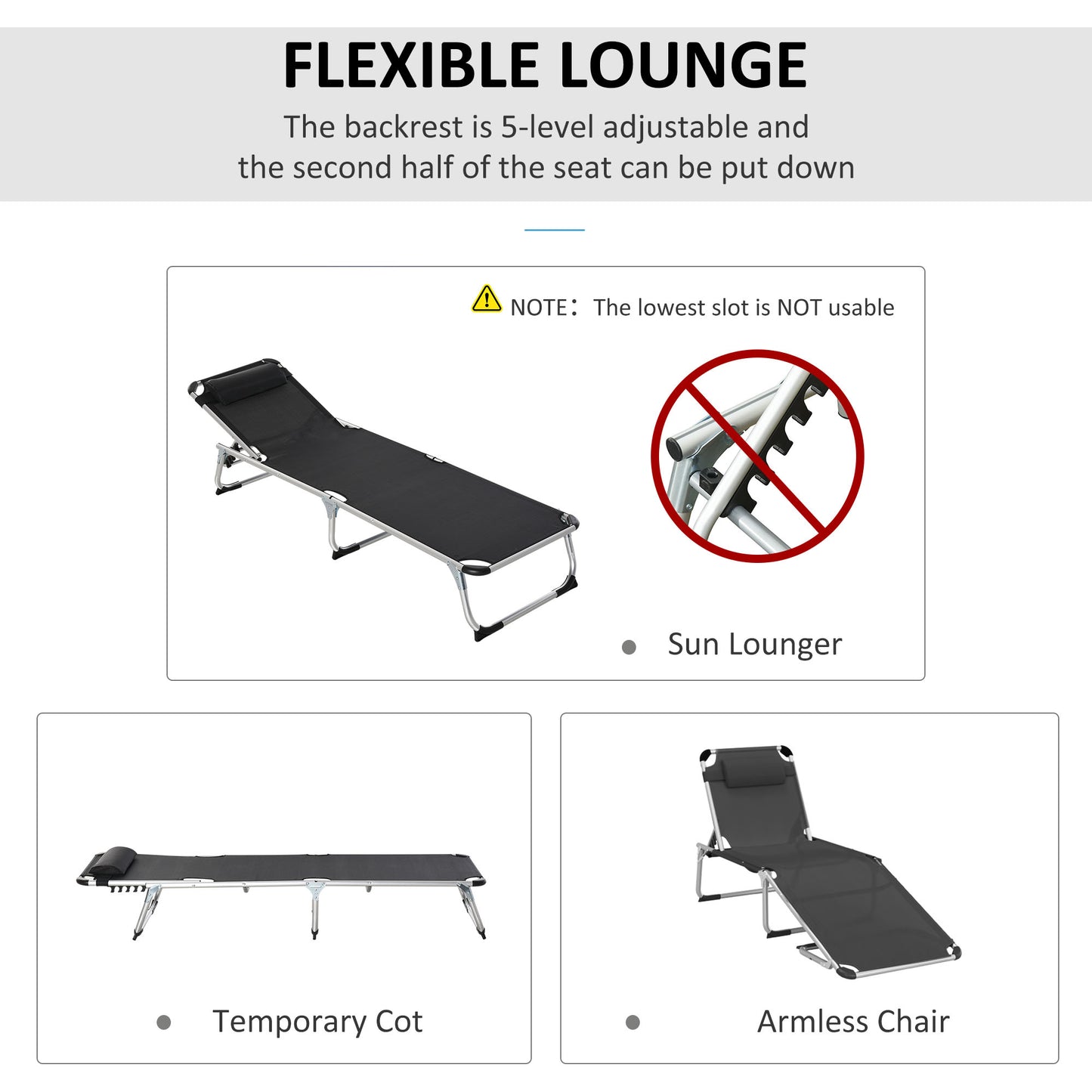 Outsunny Foldable Outdoor Sun Loungers Set of 2, Reclining Lounge Chair Camping Bed Cot with Pillow 4-Level Adjustable Back Aluminium Frame, Black