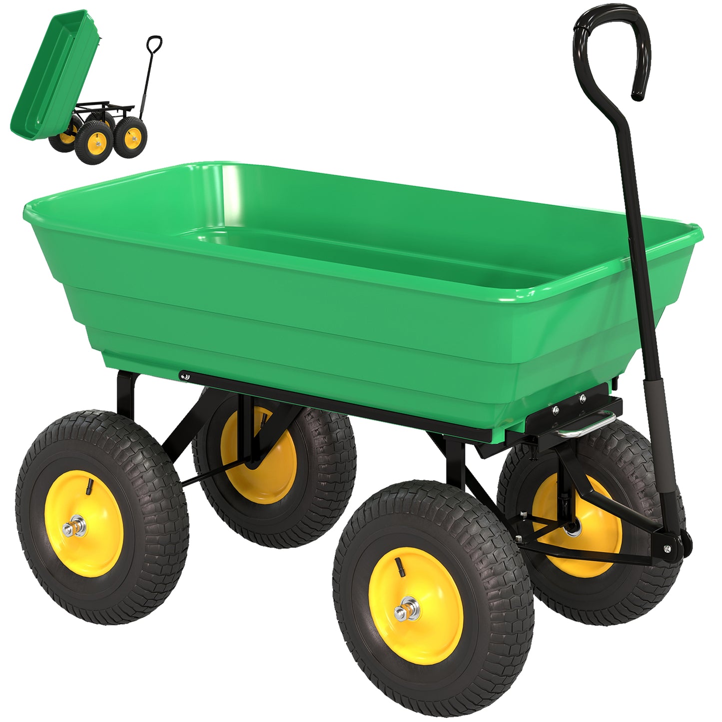 Photo of Outsunny 75 Litre Large Garden Cart, Tipping Wheelbarrows Heavy Duty Garden Dump Trolley 200kg Capacity for Festivals, Tools, Plants, Logs - Green in Green colour on a white background