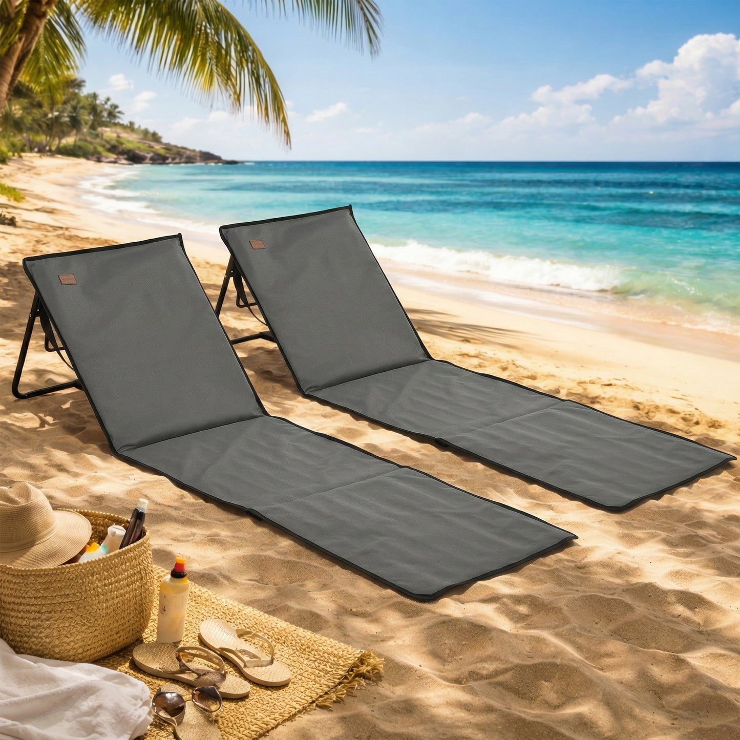 Outsunny Set of 2 Foldable Garden Beach Chair Mat, Outdoor Sun Lounger Seats with Adjustable Back, Magazine Pocket, Carry Strap