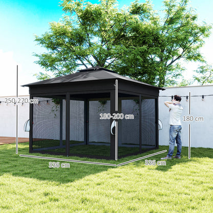 Black square gazebo with mesh netting and adjustable height, shown with dimensions
