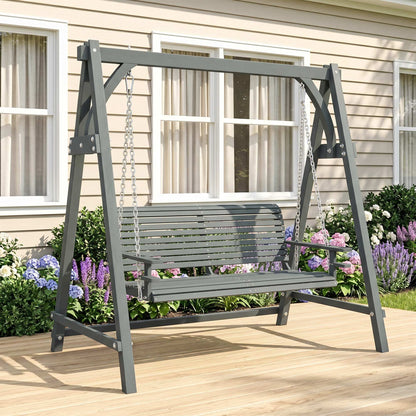 Outsunny gray two-seat wooden swing bench with slatted seat and back suspended from metal chains