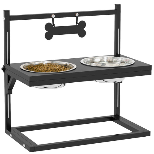 Photo of PawHut Dog Bowls with Stand, Adjustable Height Elevated Dog Bows for Small Medium Large Dogs - Black in Black colour on a white background