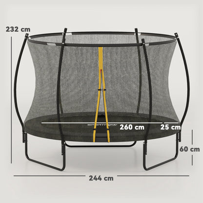 SPORTNOW trampoline with enclosure net and yellow entry, shown with frame dimensions