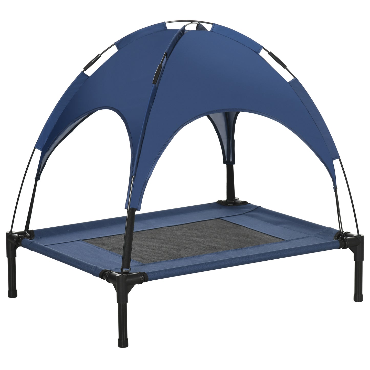 Photo of PawHut Outdoor Dog Bed with Removable Canopy, Portable Raised Dog Bed for Camping, Garden & Beach, Water-Resistant UV-Protection Mesh Pet Cot Sun Lounger, for Medium Pets, 76 x 61 x 73 cm, Dark Blue in Blue colour on a white background