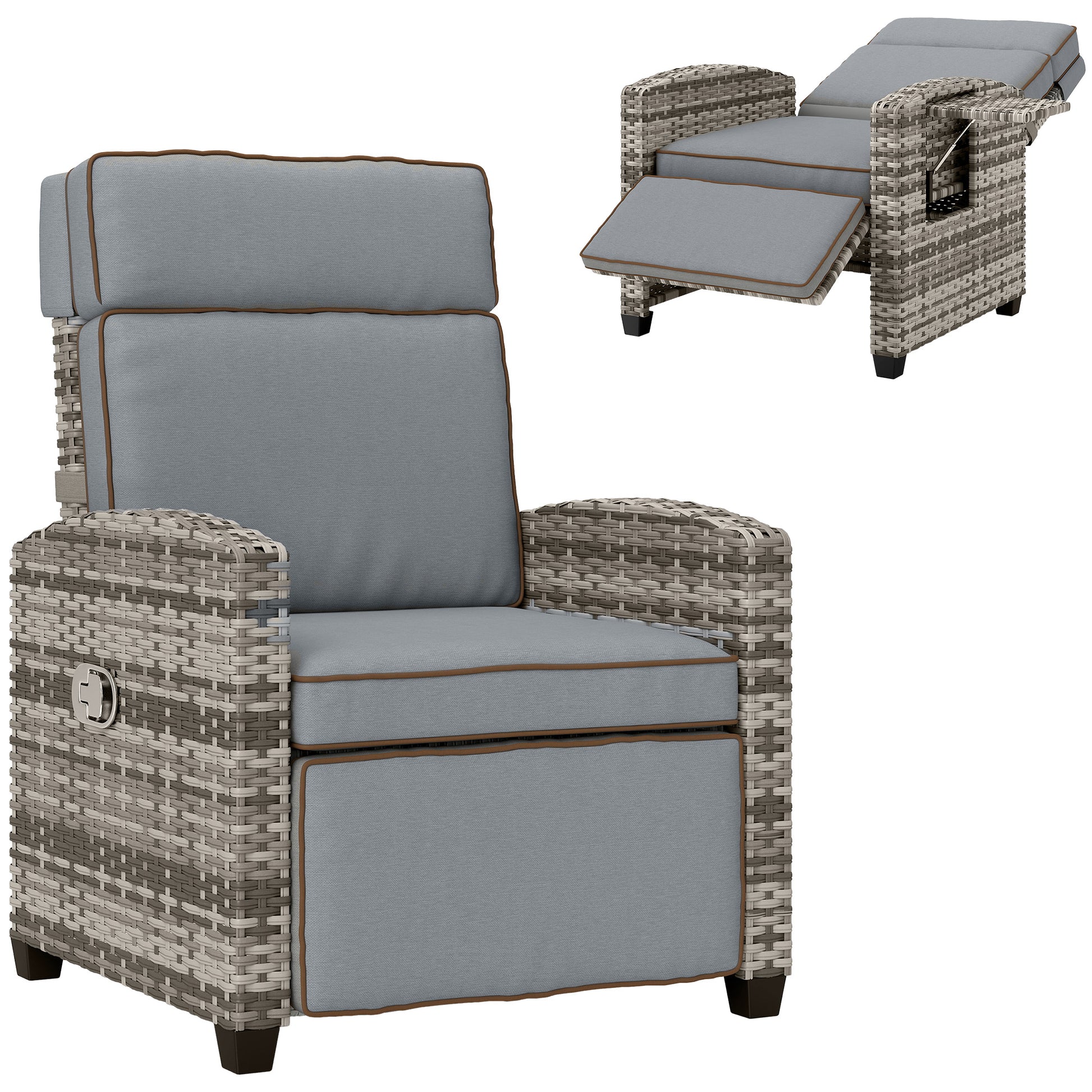Photo of Outsunny 145° Reclining Rattan Armchair with Footrest - Mixed Grey in Grey colour on a white background