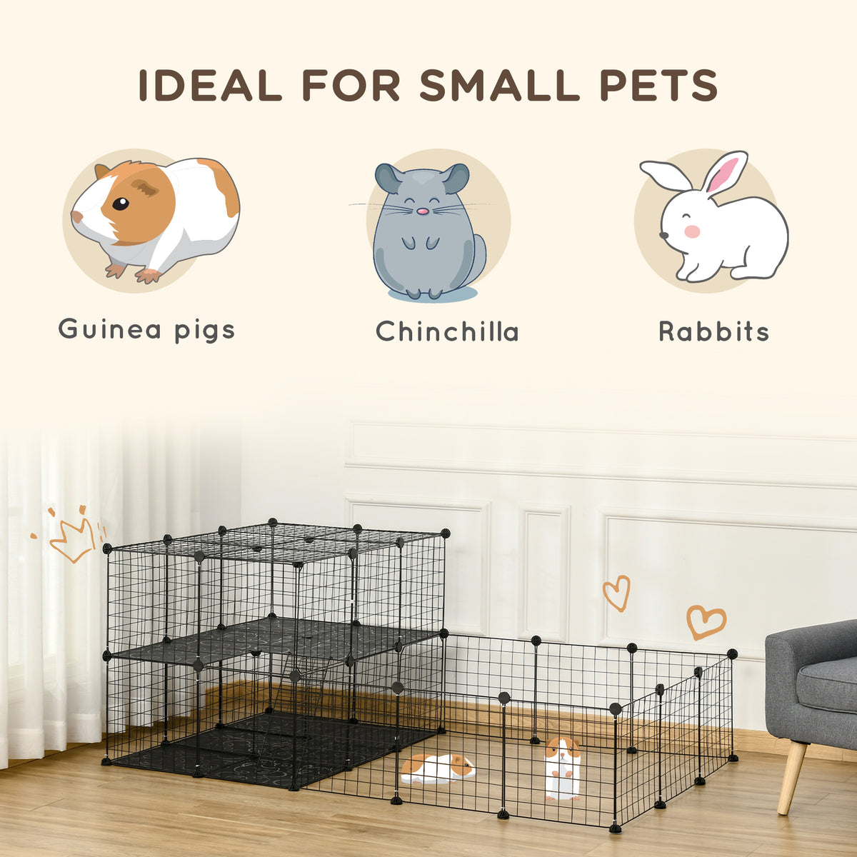 Black metal mesh playpen with shelves for small pets, shown with guinea pigs.