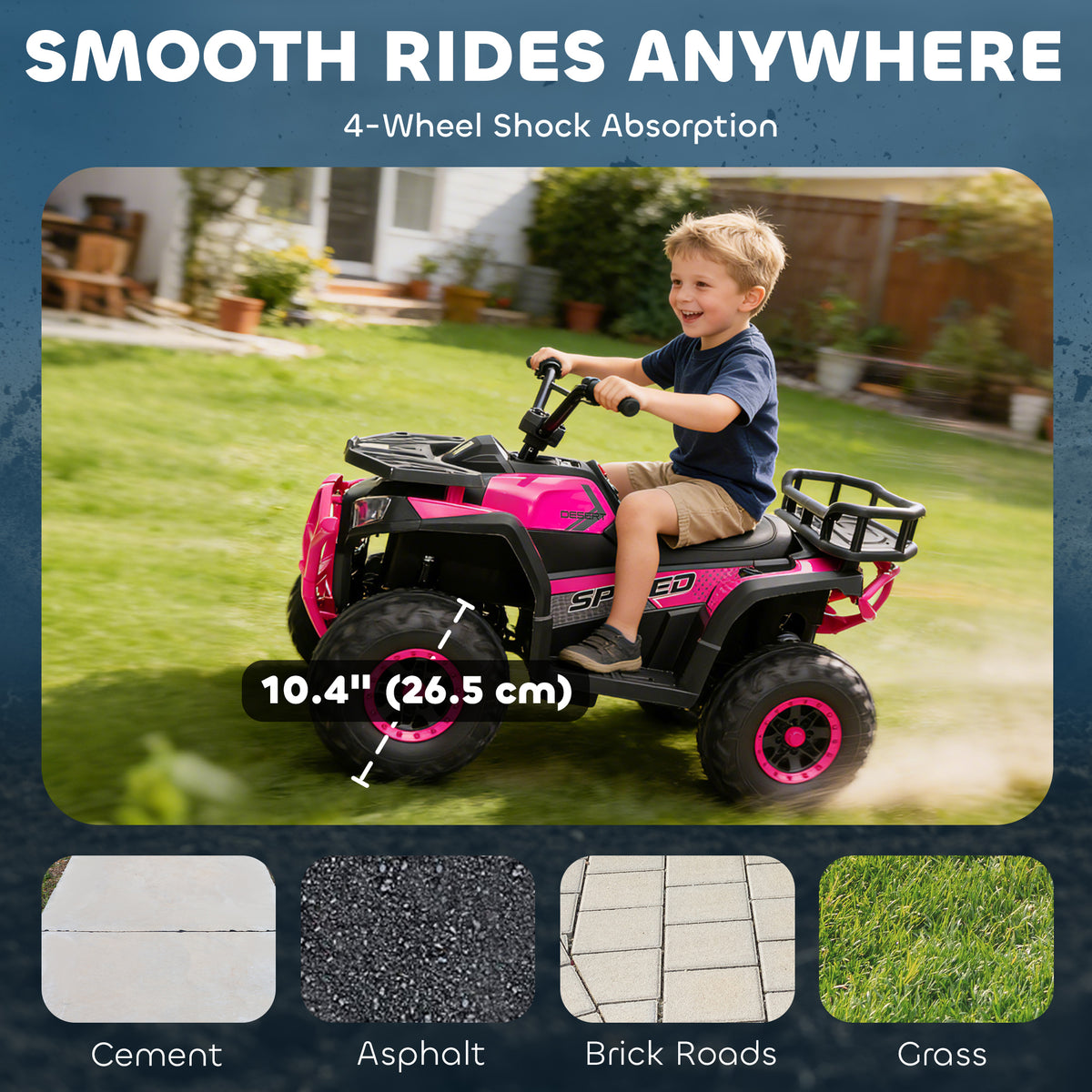 Pink kids' electric ride-on ATV with four-wheel suspension and rugged tires