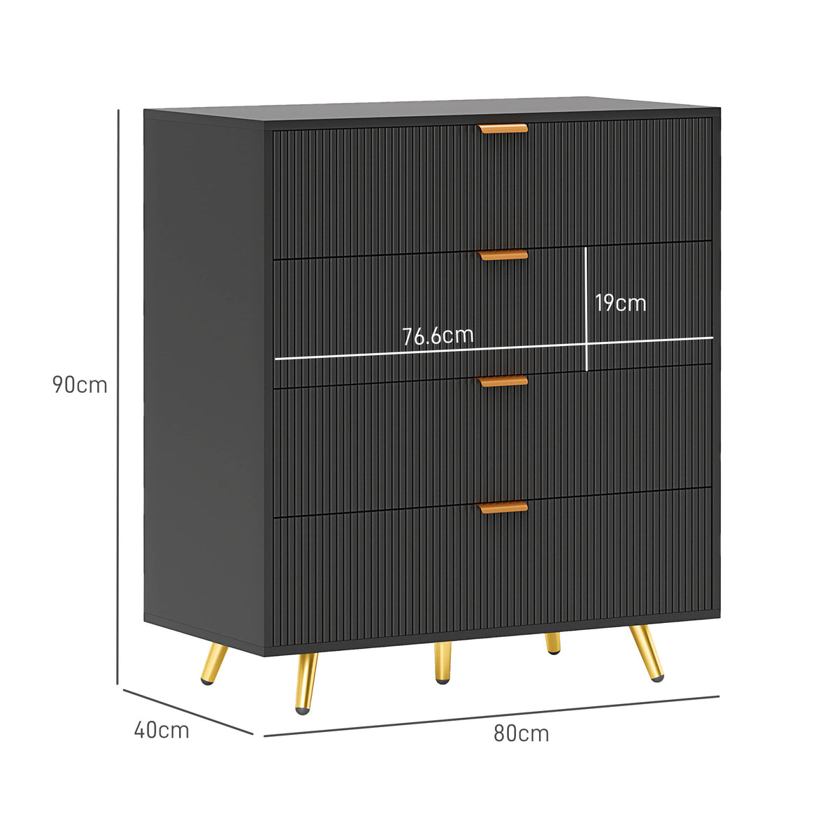 HOMCOM black four-drawer bedside table, 80 cm wide and 90 cm tall with gold-tone legs
