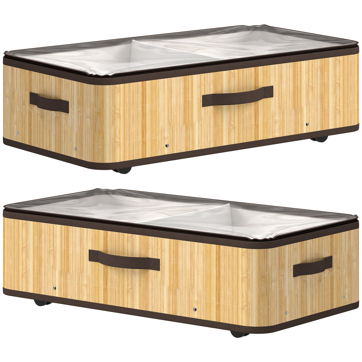 Photo of HOMCOM 60L Under Bed Storage with Wheels Pack of 2, Underbed Storage Box with Clear Lid Cover and Reinforced Handle, Natural in Natural colour on a white background