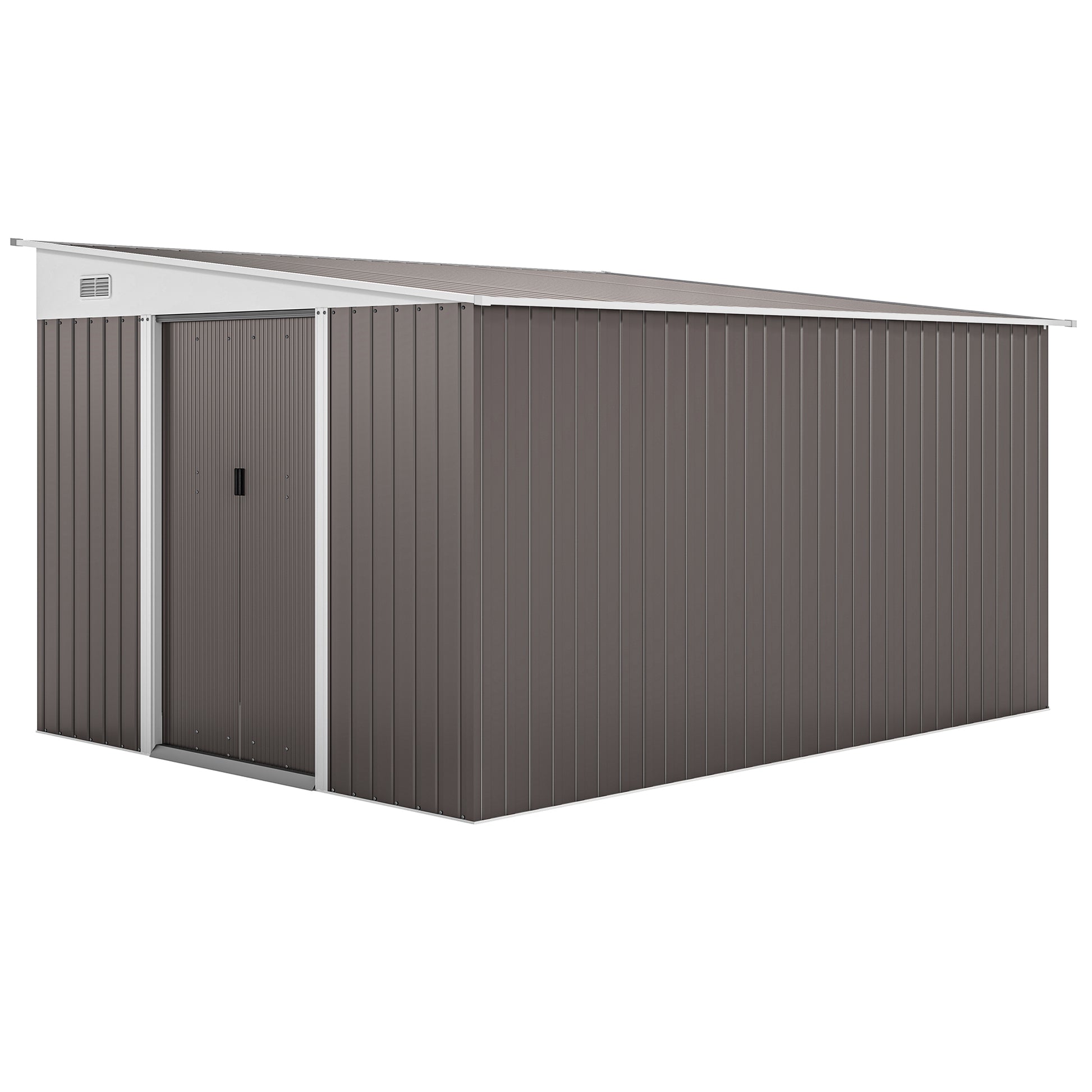 Photo of Outsunny 11.3 x 9.2ft Lean to Metal Garden Shed, Waterproof Outdoor Tool & Bike Storage Shed Galvanised with Lockable Double Sliding Doors, Pent Roof and 2 Air Vents, Grey in Grey colour on a white background