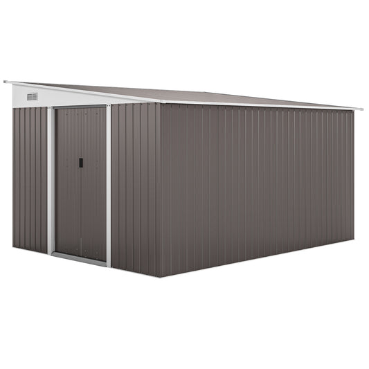 Photo of Outsunny 11.3 x 9.2ft Lean to Metal Garden Shed, Waterproof Outdoor Tool & Bike Storage Shed Galvanised with Lockable Double Sliding Doors, Pent Roof and 2 Air Vents, Grey in Grey colour on a white background
