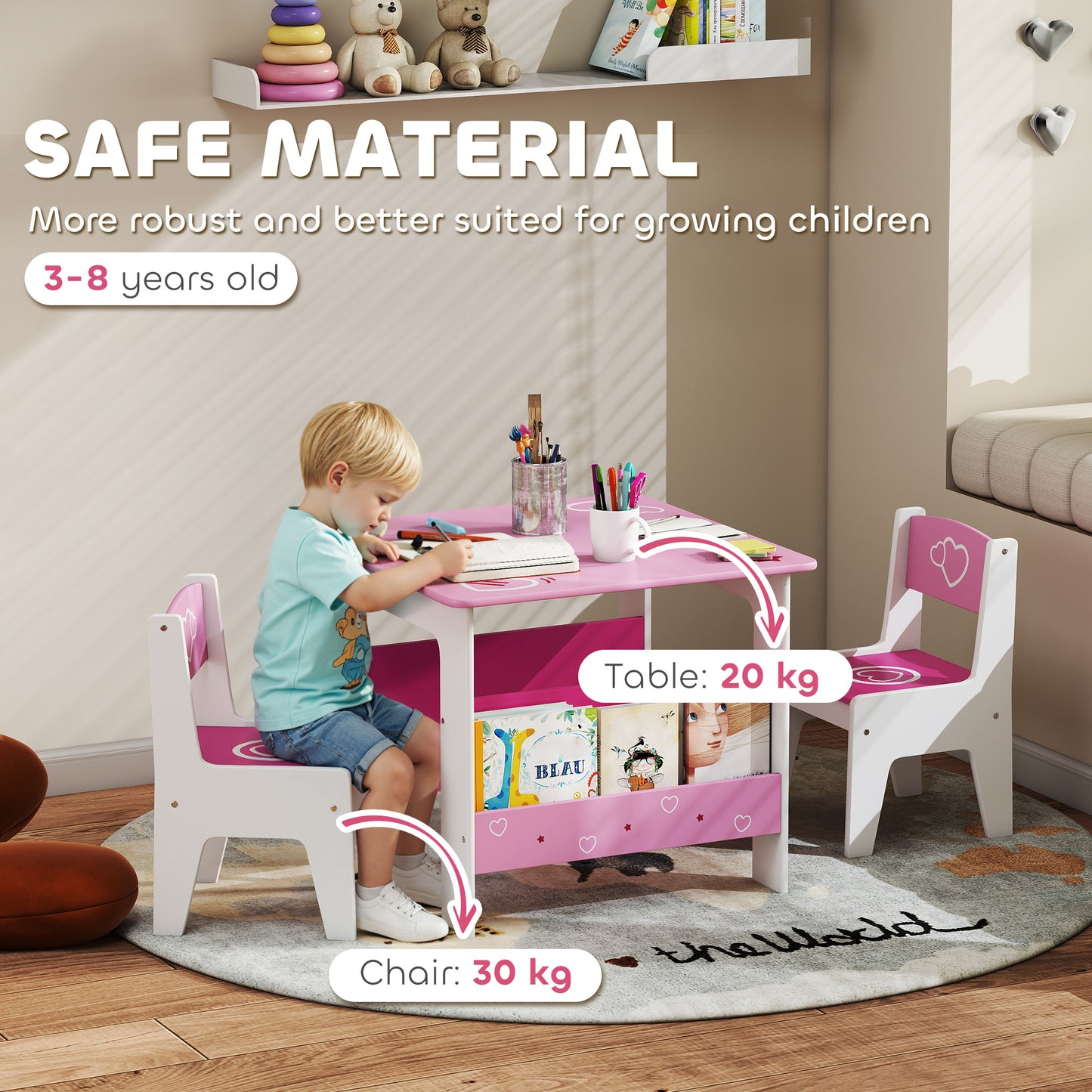 AIYAPLAY 3 Pieces Kids Table and Chair Set, Toddler Activity Table with Bookshelves, for Living Room, Nursery, Playroom, Pink