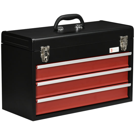 Photo of DURHAND 3 Drawer Tool Chest, Lockable Metal Tool Box with Ball Bearing Runners, Portable Toolbox, 510mm x 220mm x 320mm, Black in Black colour on a white background