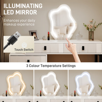 Vanity desk with leaf-shaped LED mirror shown in three color settings and a touch switch.