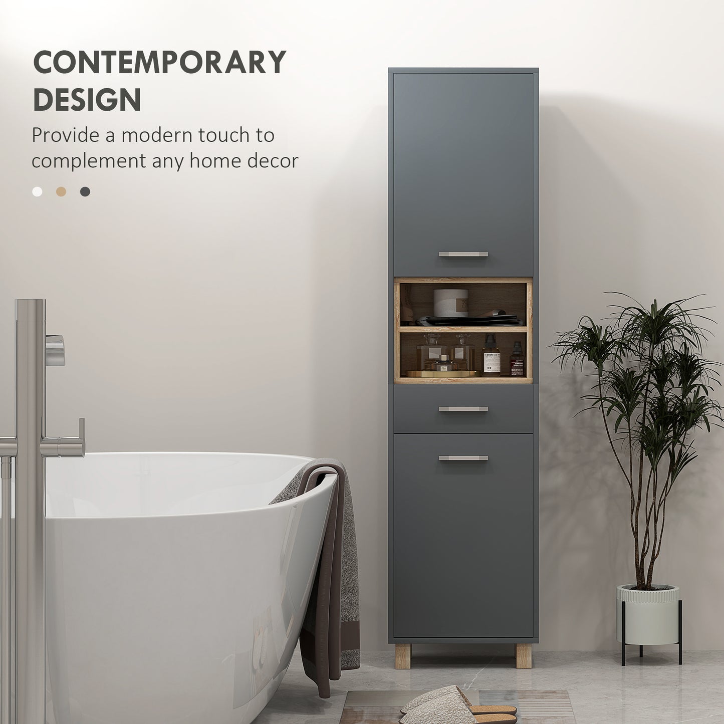 HOMCOM Tall Bathroom Storage Cabinet with MDF Triamine Board and Waterproof Sticker - Matte Grey