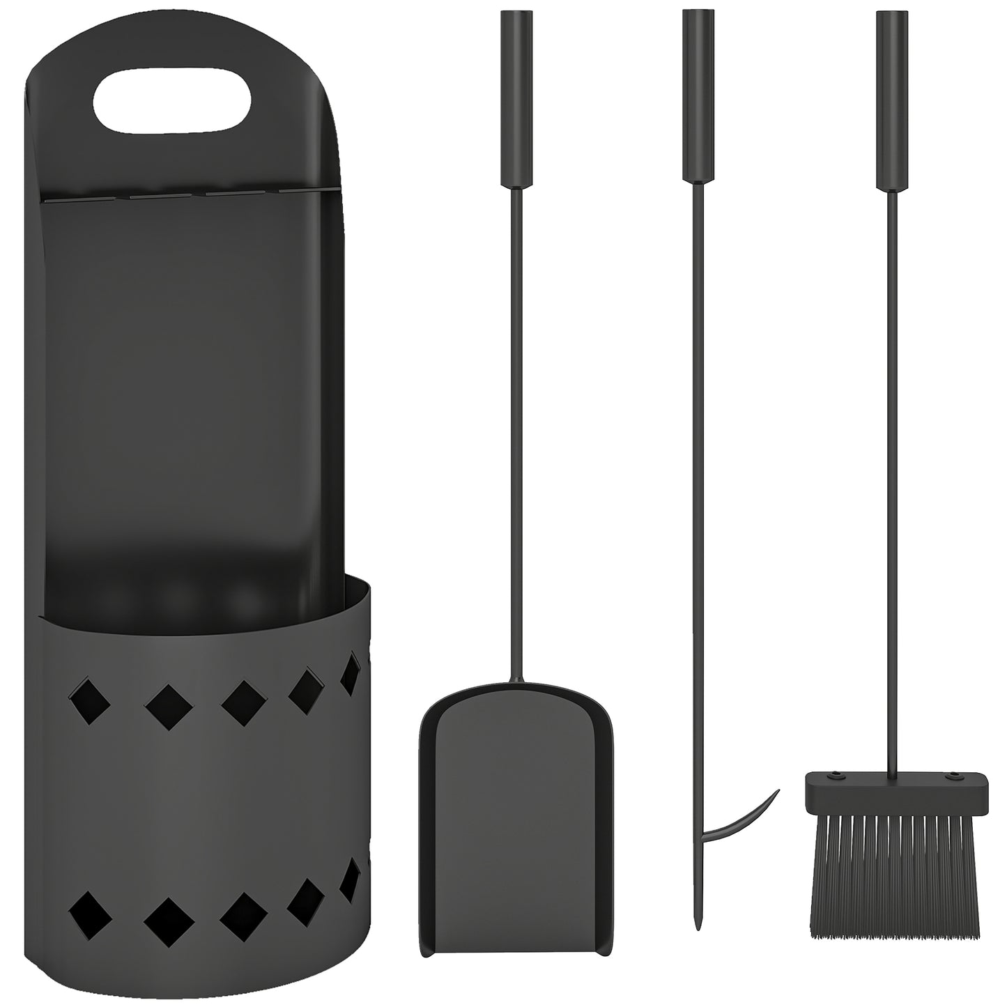 Photo of Outsunny 4 Pieces Fireplace Companion Set, Metal Fireplace Accessories Fireside Companion Set with Broom, Shovel, Poker, Bucket, Black in Black colour on a white background