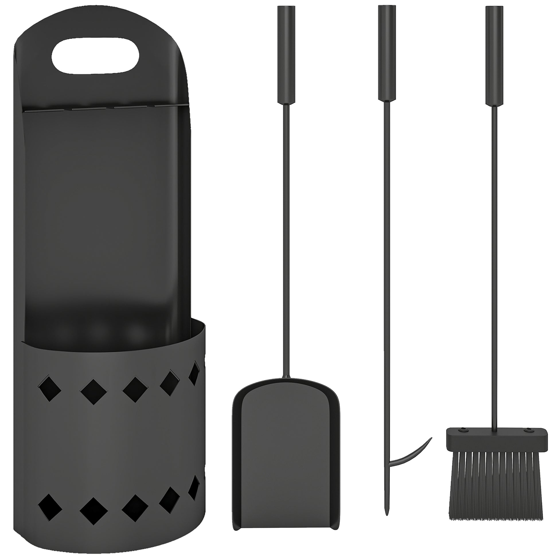 Photo of Outsunny 4 Pieces Fireplace Companion Set, Metal Fireplace Accessories Fireside Companion Set with Broom, Shovel, Poker, Bucket, Black in Black colour on a white background