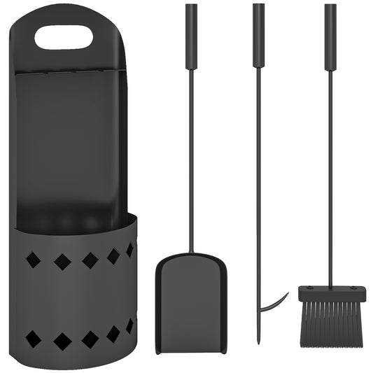 Photo of Outsunny 4 Pieces Fireplace Companion Set, Metal Fireplace Accessories Fireside Companion Set with Broom, Shovel, Poker, Bucket, Black in Black colour on a white background